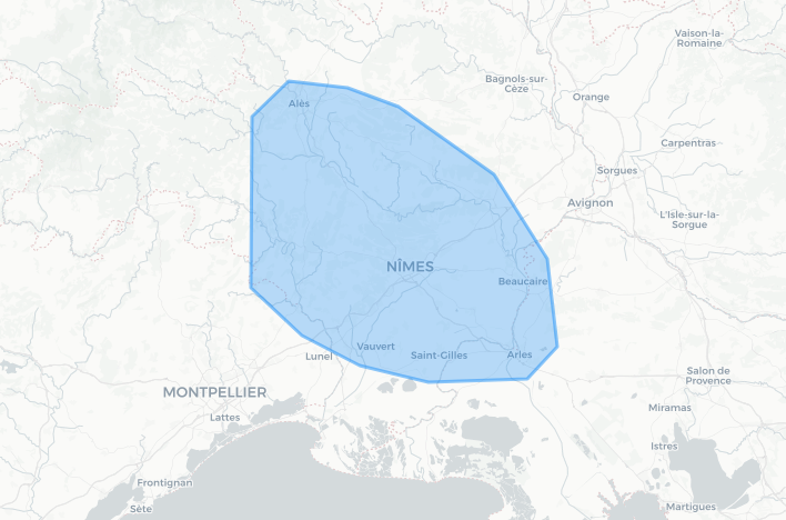 carte de la région de nîmes et de la zone d'action de l'entreprise ATD30